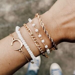 Gold Plated 5 Piece Moon Charm Bracelet Jewelry Set